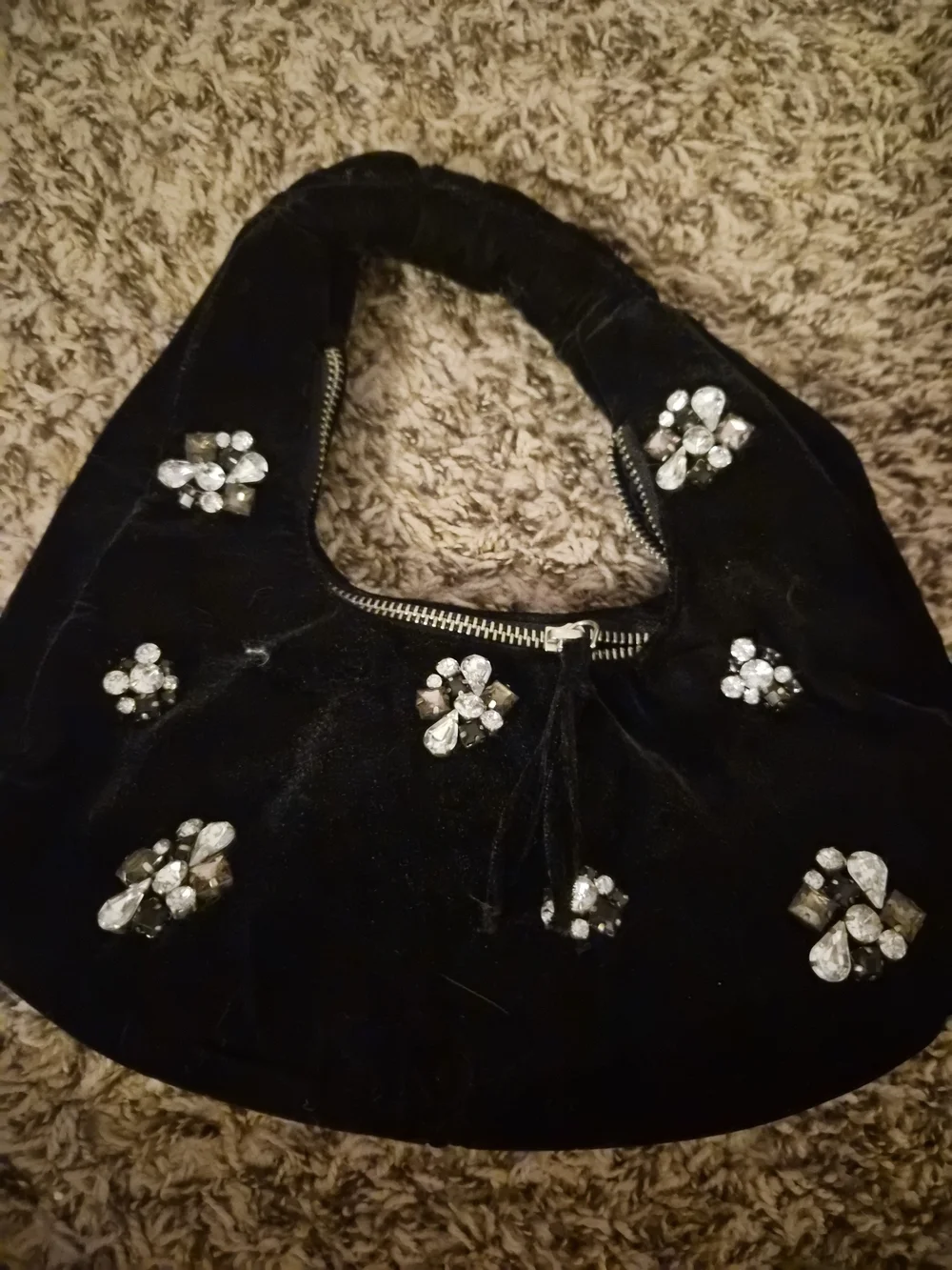 Black Velvet Crystal-Embellished Hobo Bag - Picture 1 of 7